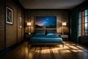 a bedroom with wooden walls and a large painting on the wall. AI-Generated photo