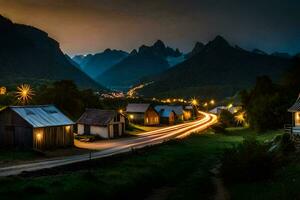 a village at night with lights on the road. AI-Generated photo