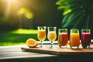 five glasses of juice on a wooden tray. AI-Generated photo