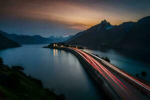 a long exposure photo of a road and water at sunset. AI-Generated