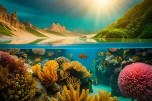 the sun shines over a coral reef and a mountain. AI-Generated photo