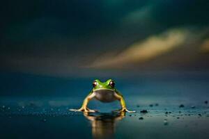 a frog standing on the wet surface of the water. AI-Generated photo