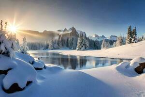 foto fondo de pantalla el sol, nieve, árboles, montañas, río, lago, el sol, invierno. generado por ai