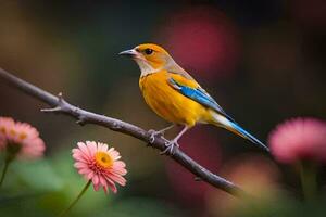 un amarillo y azul pájaro sentado en un rama. generado por ai foto