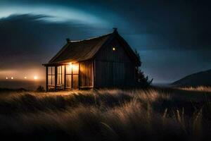 un pequeño de madera casa en el medio de un campo a noche. generado por ai foto
