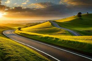 a winding road in the countryside with the sun setting. AI-Generated photo