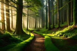 un camino mediante un bosque con luz de sol brillante mediante el arboles generado por ai foto