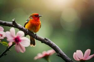 photo wallpaper the sun, flowers, bird, nature, spring, the bird, spring flowers,. AI-Generated