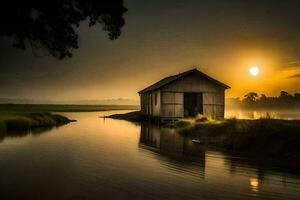 un pequeño choza se sienta en el borde de un río a puesta de sol. generado por ai foto