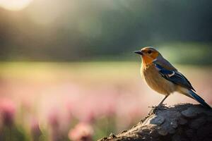 a bird is sitting on a tree stump in front of a field. AI-Generated photo