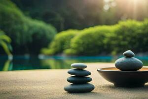 zen piedras en un cuenco y un piscina. generado por ai foto