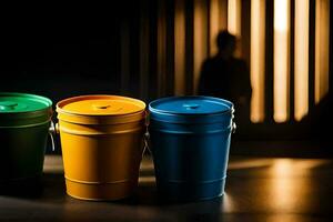 three colorful buckets sit on a table. AI-Generated photo