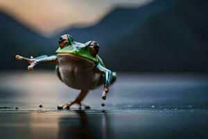 a frog jumping on the ground with its legs spread. AI-Generated photo