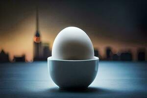 an egg in a cup with a city in the background. AI-Generated photo