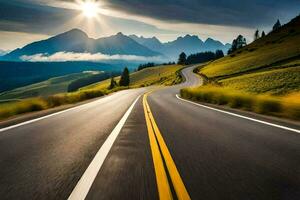 un la carretera en el montañas con el Dom brillante. generado por ai foto