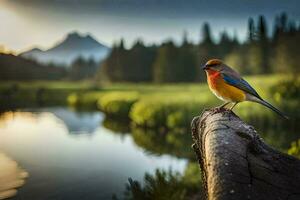 un vistoso pájaro se sienta en un Iniciar sesión cerca un lago. generado por ai foto