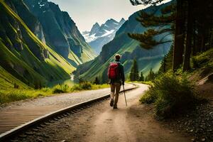 un hombre con un mochila caminando en un tren pista en el montañas. generado por ai foto