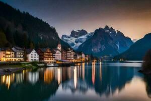 el pueblo de Altenburg es reflejado en el agua a oscuridad. generado por ai foto