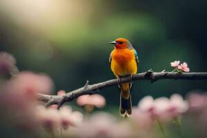 un vistoso pájaro se sienta en un rama con rosado flores generado por ai foto