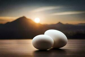 two eggs on a table with mountains in the background. AI-Generated photo