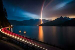 un arco iris es visto en el cielo terminado un lago y montañas. generado por ai foto