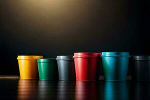 a row of colorful plastic cups on a dark background. AI-Generated photo