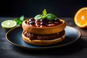 a hamburger with blueberries and mint on a plate. AI-Generated photo