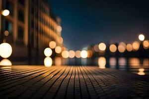 un ciudad calle a noche con luces en el agua. generado por ai foto