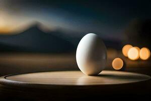 un huevo en un de madera mesa con un montaña en el antecedentes. generado por ai foto