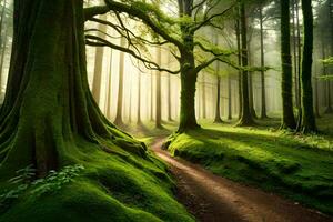 un camino mediante un verde bosque con cubierto de musgo arboles generado por ai foto