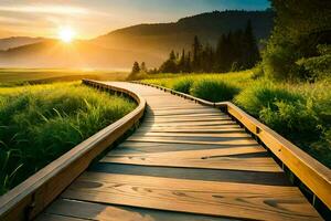 a wooden path leads to the sun in a field. AI-Generated photo