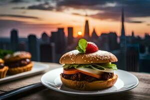 a burger with a view of the city. AI-Generated photo