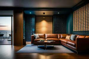 the living room has a leather couch and a wooden wall. AI-Generated photo