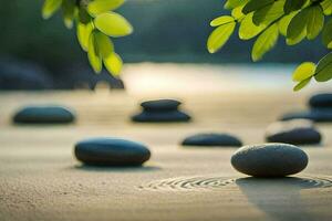 stones and leaves on the beach with a tree in the background. AI-Generated photo