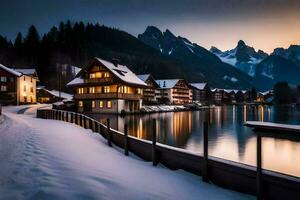 un lago y casas en el nieve a puesta de sol. generado por ai foto