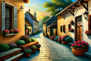 a painting of a street with flowers and potted plants. AI-Generated photo