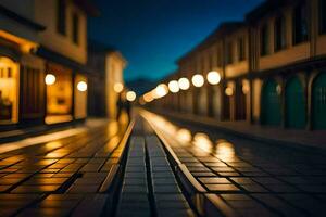 un largo calle con luces en eso a noche. generado por ai foto