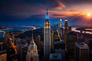 the empire state building is seen at sunset. AI-Generated photo