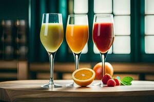 three glasses of juice on a table. AI-Generated photo