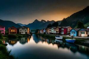 vistoso casas a lo largo un río a puesta de sol. generado por ai foto