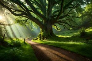 un árbol es en pie en el medio de un verde campo. generado por ai foto