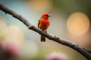 a red bird sitting on a branch. AI-Generated photo
