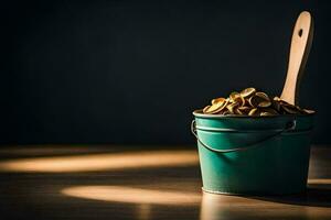a bucket filled with food and a wooden spoon. AI-Generated photo