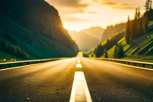 a long empty road with the sun setting behind it. AI-Generated photo