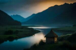 a small hut sits on the edge of a river. AI-Generated photo