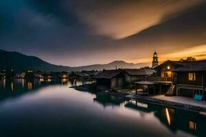 photo wallpaper the sky, water, mountains, lake, house, sunset, the village, the. AI-Generated