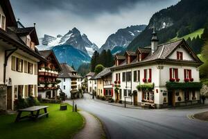 a street in the alps with mountains in the background. AI-Generated photo