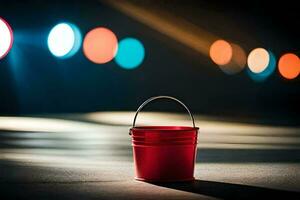 a red bucket sitting on the ground in front of a bright light. AI-Generated photo