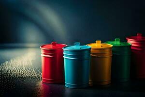 a row of colorful plastic containers on a dark surface. AI-Generated photo