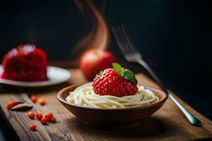 spaghetti with strawberries and berries on a wooden table. AI-Generated photo